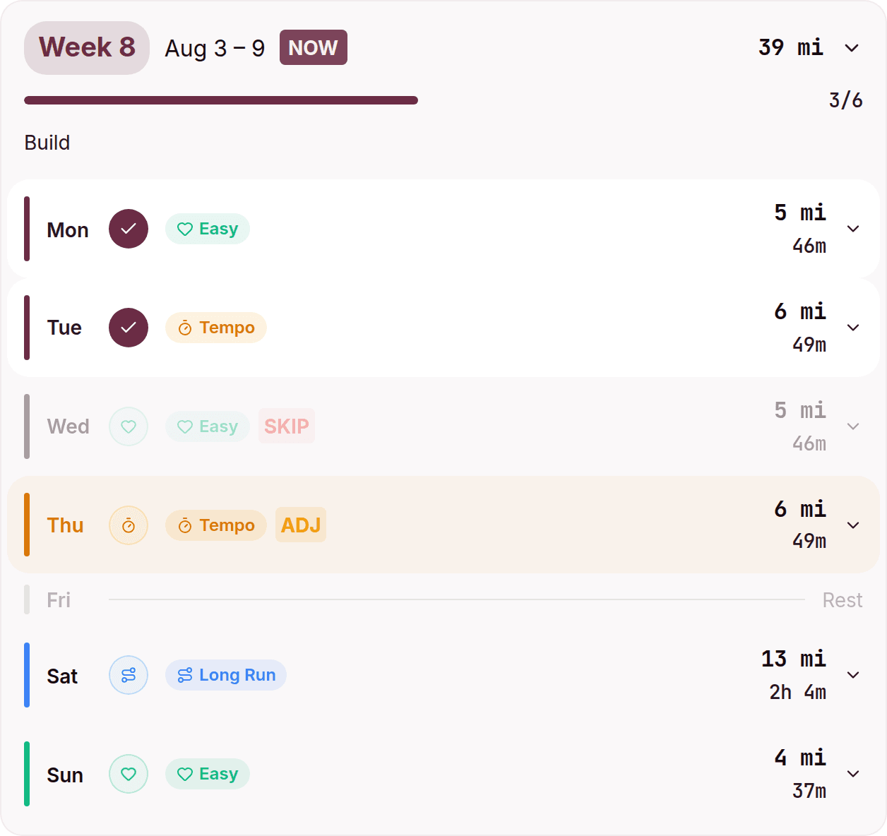 A Kstride weekly training plan: Monday and Tuesday runs completed, Wednesday's easy run marked as skipped after soreness, and Thursday's tempo run automatically adjusted to redistribute the missed mileage